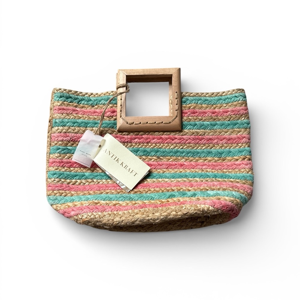 Antik Kraft hand made square wood handle striped pink green jute Bag - Picture 9 of 10